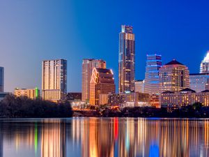 Preview wallpaper austin, texas, twilight, skyscrapers, reflection, river