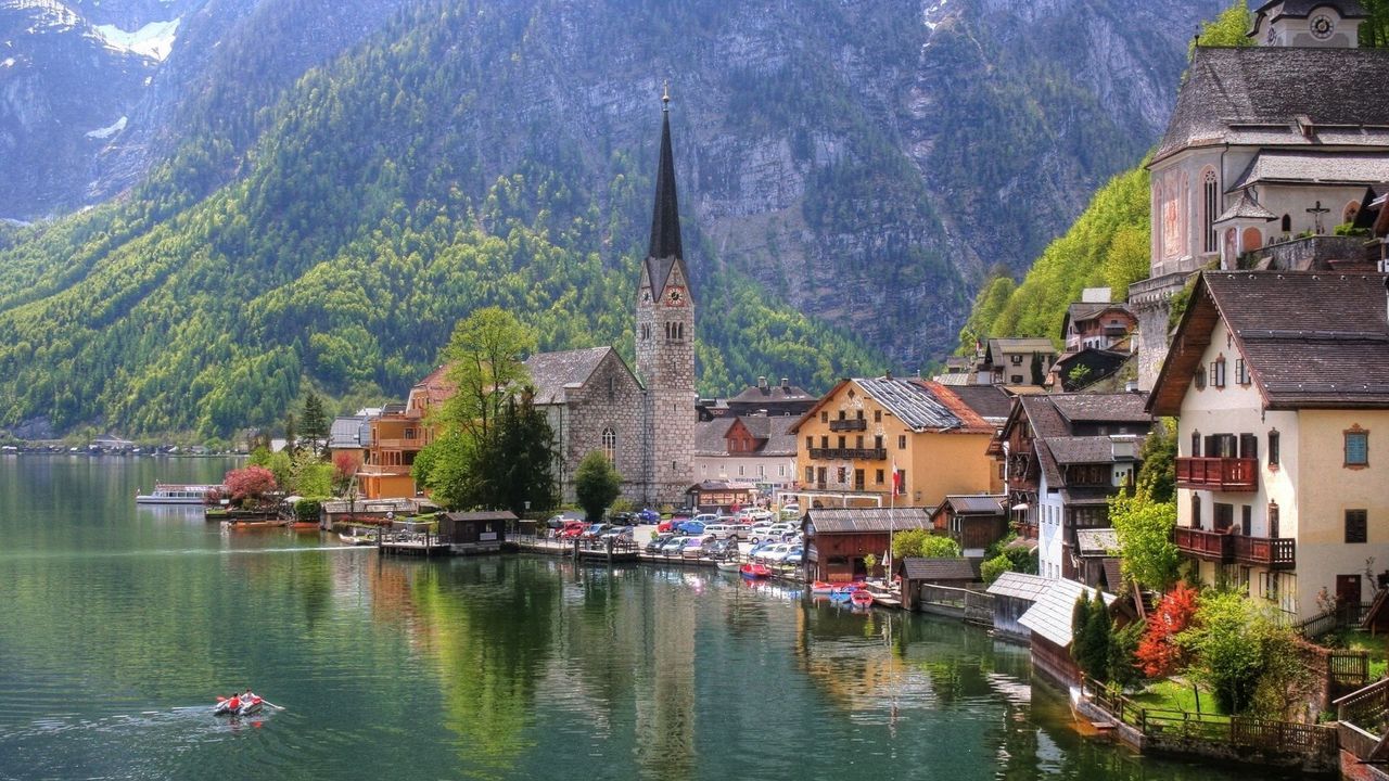 Wallpaper austria, lake, homes, church, city