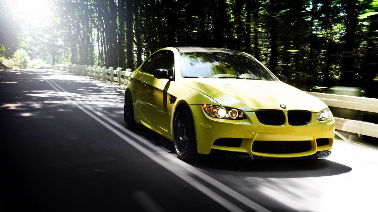 Wallpaper auto, bmw m3, yellow, road, forest, summer