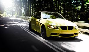 Preview wallpaper auto, bmw m3, yellow, road, forest, summer