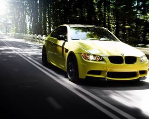 Preview wallpaper auto, bmw m3, yellow, road, forest, summer