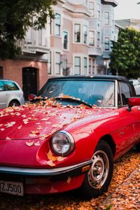 Preview wallpaper auto, red, side view, autumn, foliage