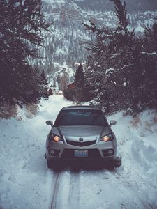 Preview wallpaper auto, winter, front view, snow, trees