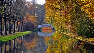 Preview wallpaper autumn, bridge, river, park, trees, reflection