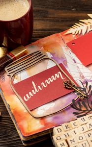 Preview wallpaper autumn, inscription, word, cup, notebook