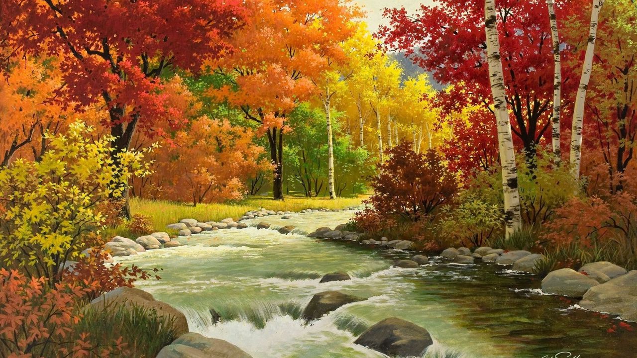 Wallpaper autumn, landscape, painting, river, wood