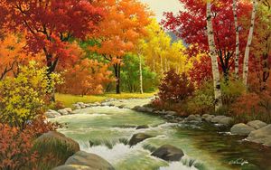 Preview wallpaper autumn, landscape, painting, river, wood