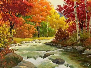 Preview wallpaper autumn, landscape, painting, river, wood