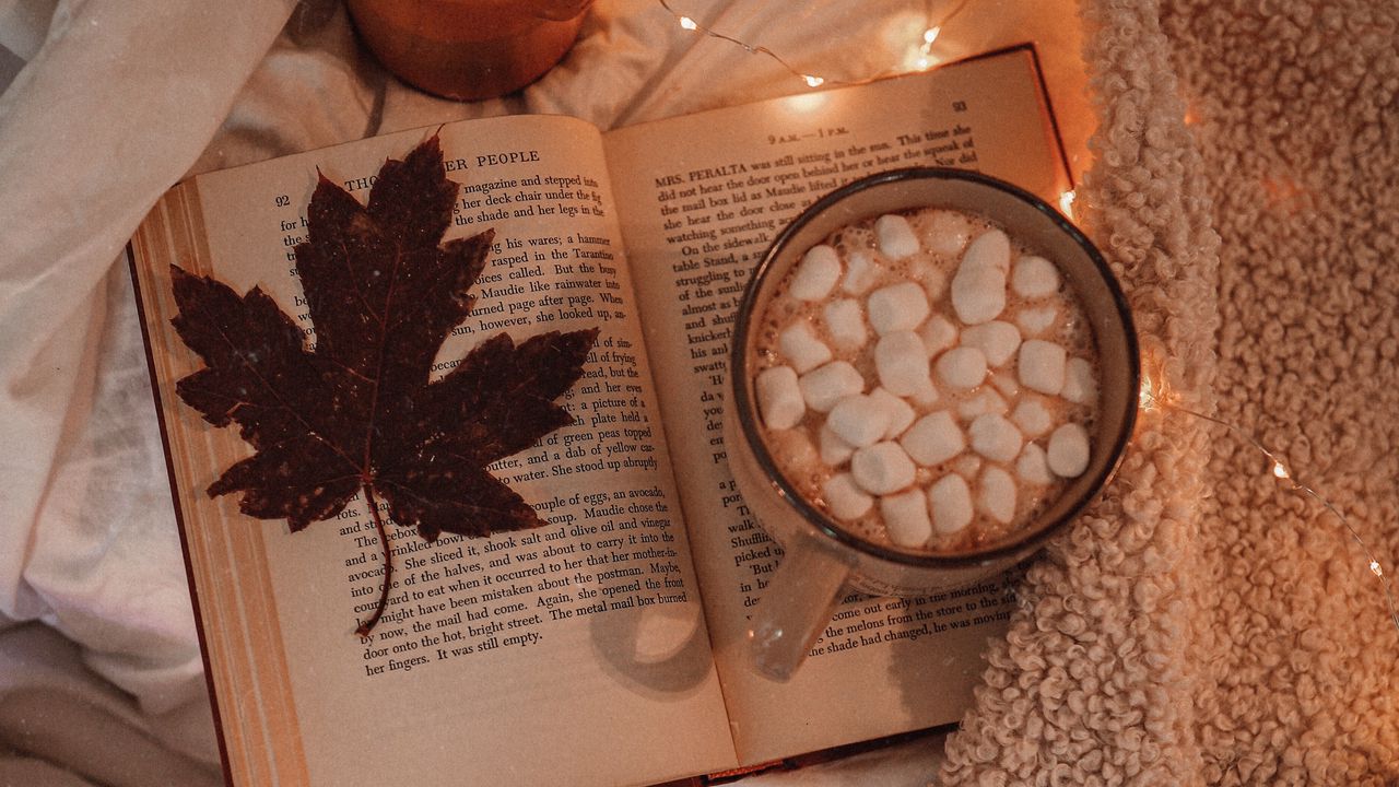 Wallpaper autumn, maple, cocoa, book, leaf, comfort