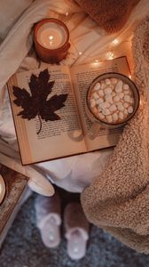 Preview wallpaper autumn, maple, cocoa, book, leaf, comfort
