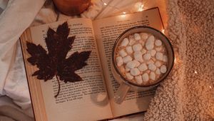 Preview wallpaper autumn, maple, cocoa, book, leaf, comfort