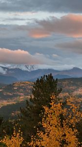 Preview wallpaper autumn, mountains, sky, clouds, trees, aspens, pines, evening