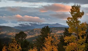 Preview wallpaper autumn, mountains, sky, clouds, trees, aspens, pines, evening