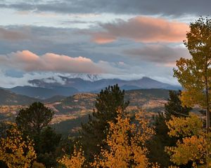 Preview wallpaper autumn, mountains, sky, clouds, trees, aspens, pines, evening