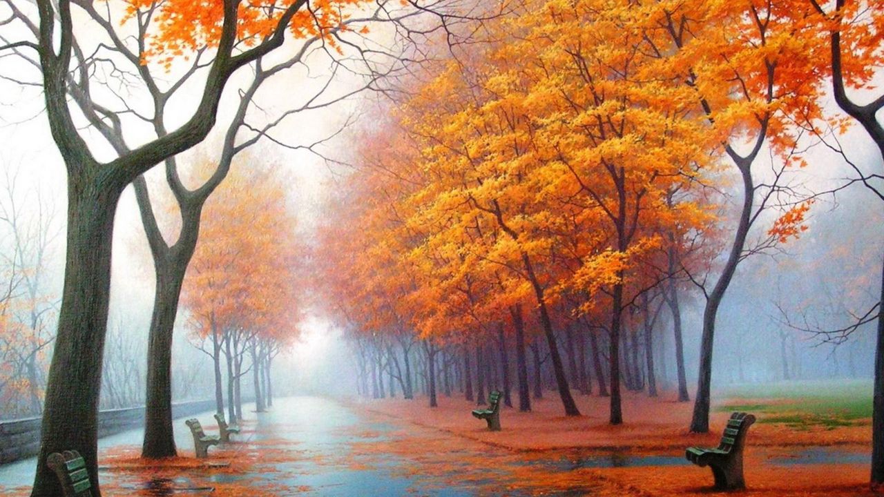 Wallpaper autumn, park, avenue, benches, trees, leaf fall, fog, steam, haze, path, asphalt, painting, art