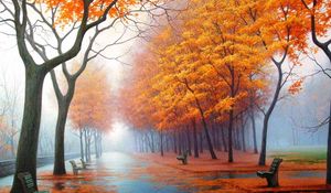 Preview wallpaper autumn, park, avenue, benches, trees, leaf fall, fog, steam, haze, path, asphalt, painting, art