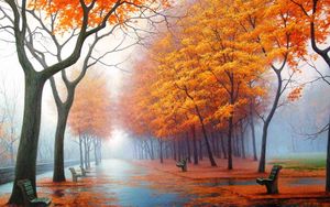 Preview wallpaper autumn, park, avenue, benches, trees, leaf fall, fog, steam, haze, path, asphalt, painting, art