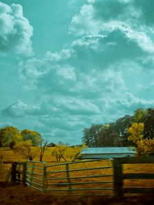 Preview wallpaper autumn, sky, fence, road, paints, colors, cloudy