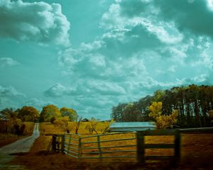 Preview wallpaper autumn, sky, fence, road, paints, colors, cloudy