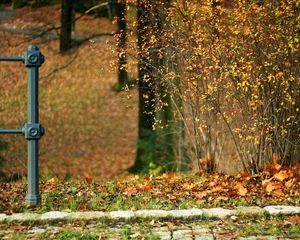 Preview wallpaper autumn, stones, bushes, column, path, leaves