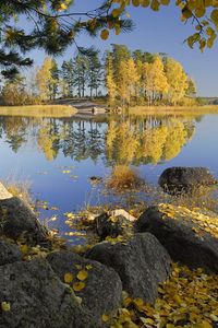 Preview wallpaper autumn, stones, trees, leaves, birches, lake, island, coast