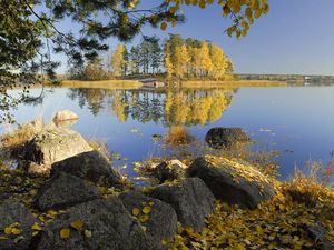 Preview wallpaper autumn, stones, trees, leaves, birches, lake, island, coast