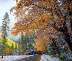 Preview wallpaper autumn, winter, snow, mountains, road