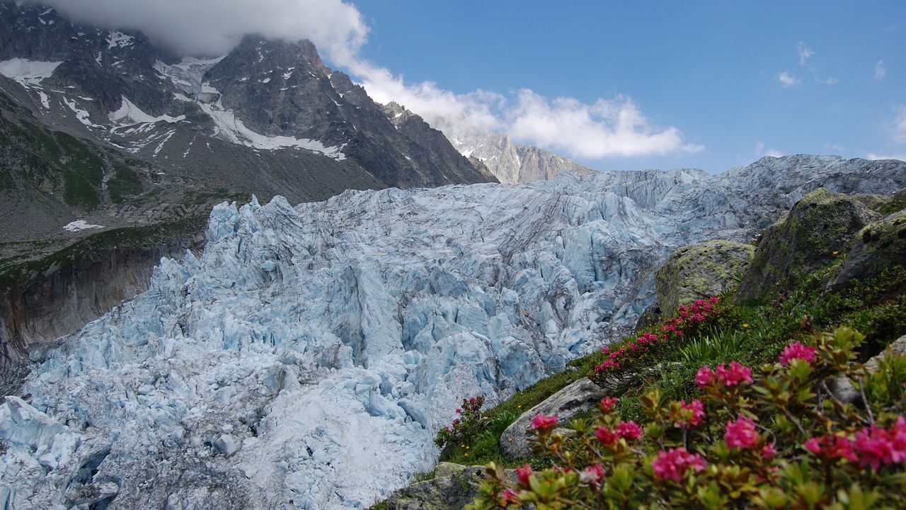 Wallpaper avalanche, snow, flowers, mountains, dirty, clouds, sky, blue