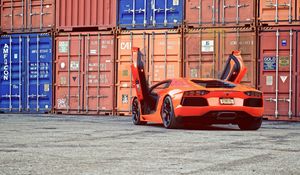 Preview wallpaper aventador, orange, lamborghini, doors, guillotine, rear view, containers