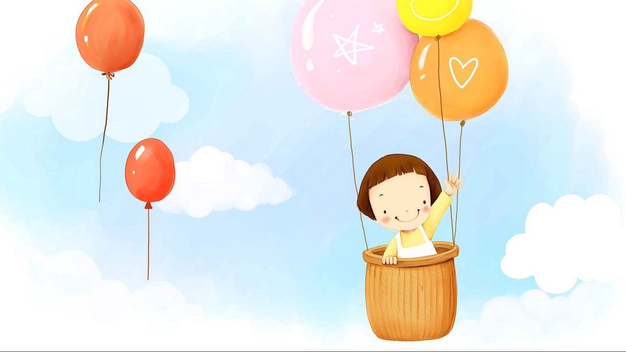 Wallpaper baby, balloons, flying, sky, clouds