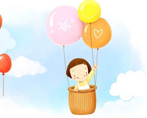 Preview wallpaper baby, balloons, flying, sky, clouds