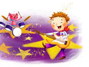 Preview wallpaper baby, boy, drawing, guitar, drums, music