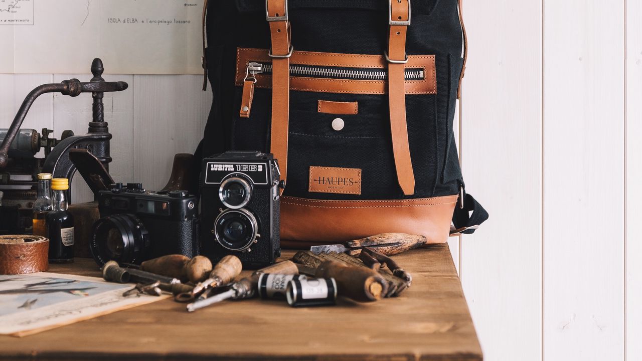 Wallpaper backpack, cameras, tools, maps, hat