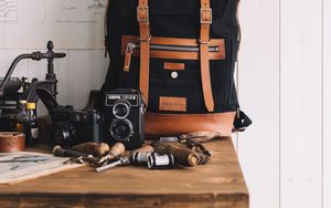 Preview wallpaper backpack, cameras, tools, maps, hat