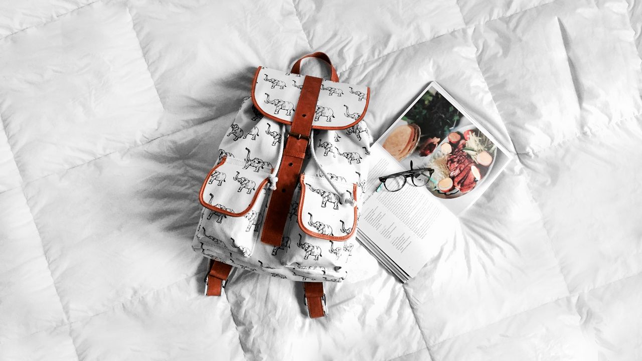 Wallpaper backpack, journal, glasses, bed