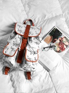 Preview wallpaper backpack, journal, glasses, bed