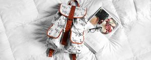 Preview wallpaper backpack, journal, glasses, bed