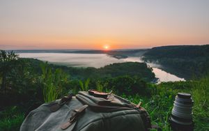 Preview wallpaper backpack, sunset, nature, evening, travel