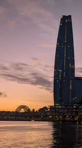 Preview wallpaper bad pyrmont, river, bridge, buildings, sunset, city