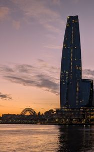 Preview wallpaper bad pyrmont, river, bridge, buildings, sunset, city