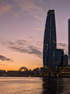 Preview wallpaper bad pyrmont, river, bridge, buildings, sunset, city
