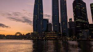 Preview wallpaper bad pyrmont, river, bridge, buildings, sunset, city