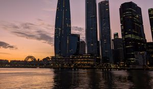 Preview wallpaper bad pyrmont, river, bridge, buildings, sunset, city