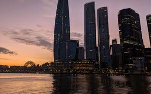 Preview wallpaper bad pyrmont, river, bridge, buildings, sunset, city