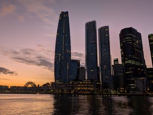 Preview wallpaper bad pyrmont, river, bridge, buildings, sunset, city