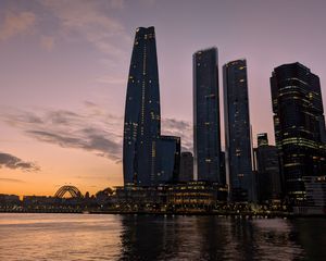 Preview wallpaper bad pyrmont, river, bridge, buildings, sunset, city
