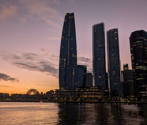 Preview wallpaper bad pyrmont, river, bridge, buildings, sunset, city