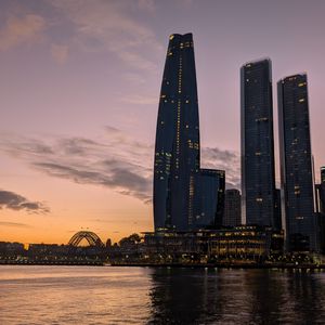 Preview wallpaper bad pyrmont, river, bridge, buildings, sunset, city