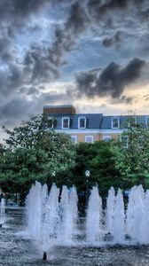 Preview wallpaper baden, wurttemberg, fountain, buildings, sky, cloudy