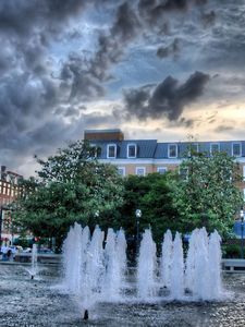 Preview wallpaper baden, wurttemberg, fountain, buildings, sky, cloudy